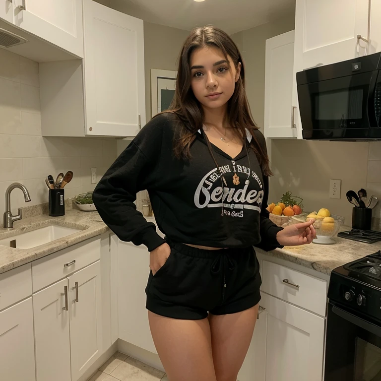 beautiful 21 year old girl with nice body, senos grandes y culo grande no es flaca, foto en su cocina, posando linda y coqueta, trae shorts de mezclilla color negro y sudadera over size, ella es modelo y es realmente hermosa, en las fotos no se ven sus manos, Hands back