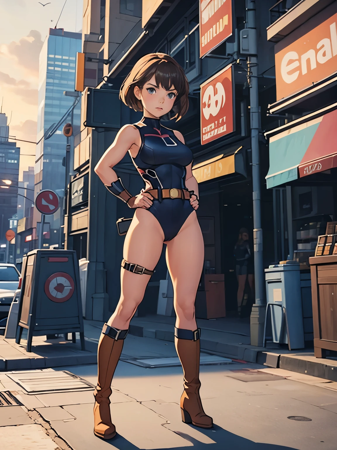 1girl, mature adult, solo, singe, solo focus, superhero, leotard, bare legs, boots, bracelets, single tight belt, city backdrop, standing, heroic, masterpiece, best quality, cowboy shot, full body shot, medium breasts, perfect anatomy, beautiful detailed eyes