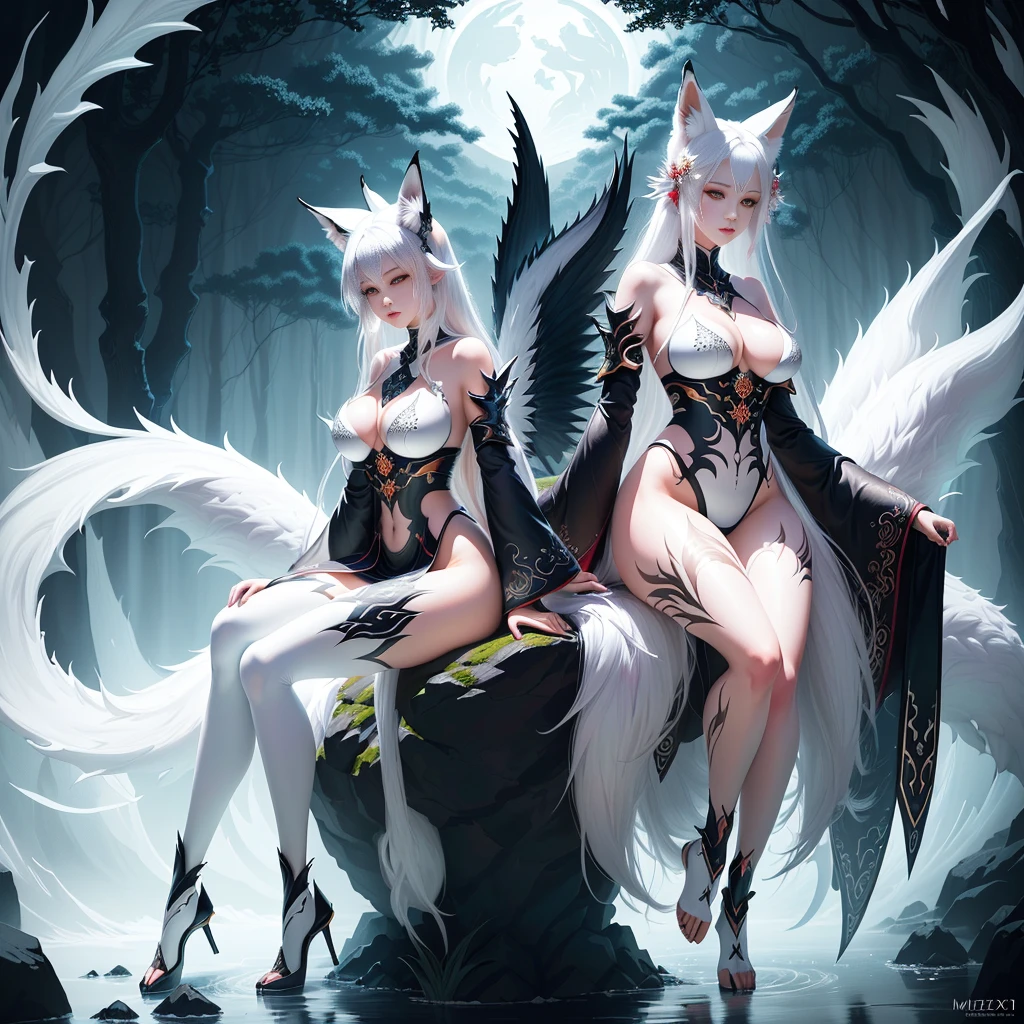 R18 (Fox ears 1 white haired woman), full body sex, Face painting, ethereal fox, has nine tails behind her back, sensual and naked, Big tits, perfect big breasts, sitting on a rock, has legs open , front view, Onmyoji detailed art, Nine tails, A beautiful artwork illustration, mythological creatures, red fox, fighting posture, Beautiful digital artwork, Exquisite digital illustration, mizutsune, Inspired by the wildnet mythical creature, Digital art on Pixiv, strong lights, high contrast, horror movie theme, dark atmosphere