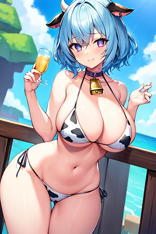 1girl, large breasts, wide hips, light blue hair, purple eyes, one eye covered, eyepatch, very short hair, cow ears, bell, cow print, bikini, light smile, happy, minecraft