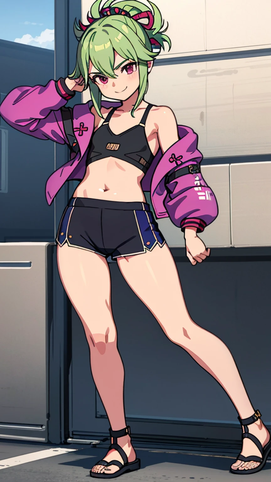 beautiful young fitness woman with , in a gym wearing May with black pantyhose, tight white and purple gym jacket. standing alone,red eyes glowing,Evil smile,legging preto ,labiaa,dark eye shadow,shining eyes,hands in pockets,neckleace,jacket zipper half open,Tight black shirt,shorth hair ,beautiful curves,close up,hair with purple details,labiaa,detailed face and eyes,work of art,shorth hair