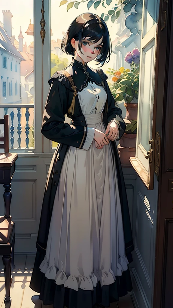 ((Watercolor by singer Sargent))、(highest quality、masterpiece)、1 girl、、wonderful、short black hair、uniform、long skirt、library、window、small breasts、small breasts、