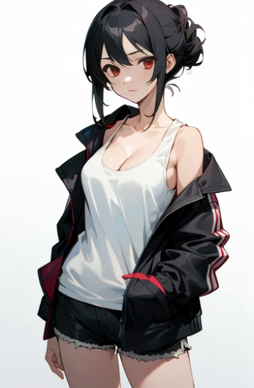 (((masterpiece))), red eyes, 1 girl, alone, looking at the viewer, chignon, black hair, long sleeve, cleavage, medium breasts, closed mouth, clavicle, Jacket,white tank top, open Jacket, black Jacket, shorts,Expressionless,Two-dimensional beautiful girl,anime beautiful girl