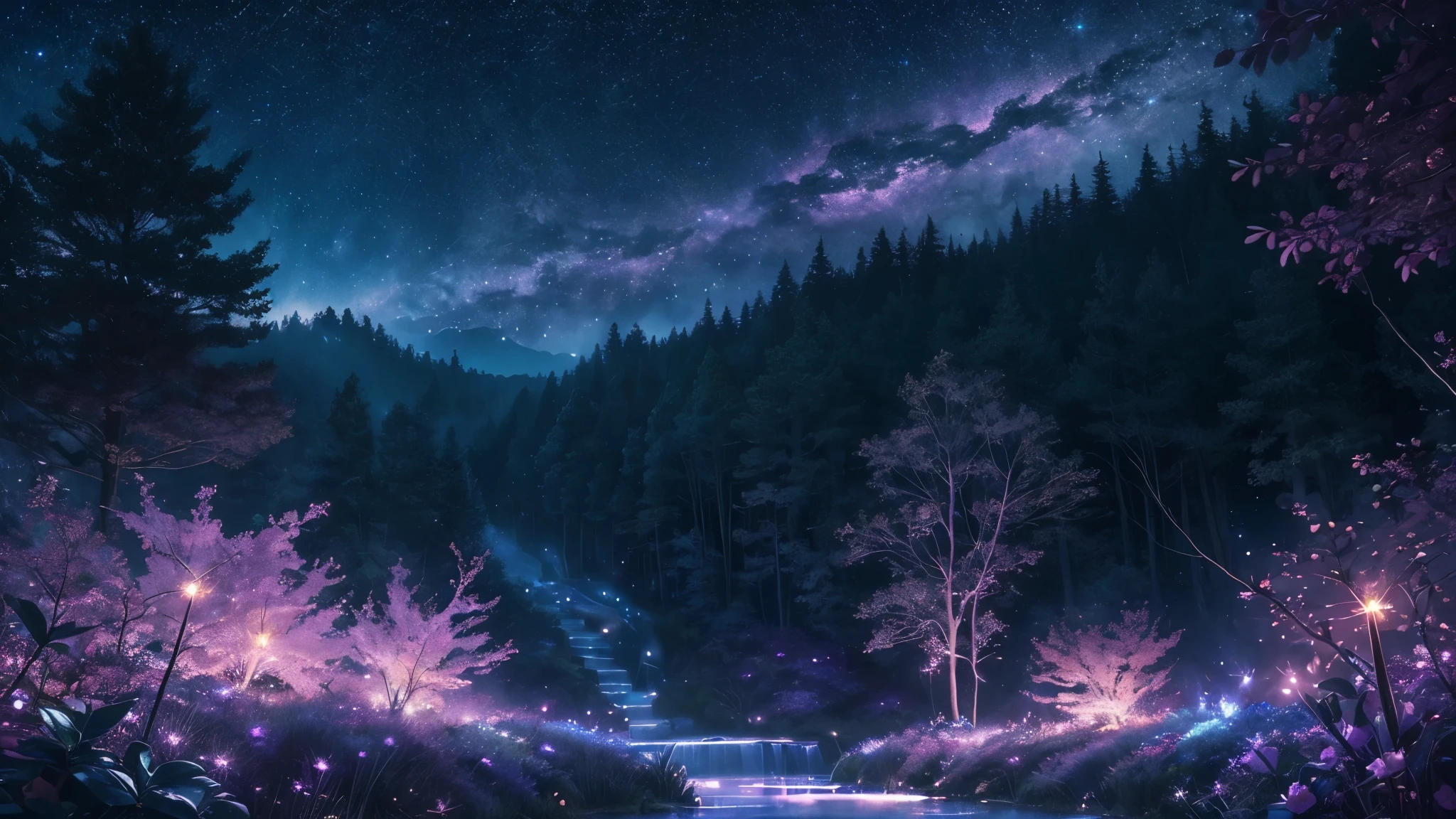 (best quality,ultra-detailed,realistic:1.37),magical, ethereal, night, vibrant plants, mystical atmosphere, spirit blossom, night sky, glowing stars, constellations, fireflies, enchanting atmosphere, pink blue colour scheme, magical realm, fantasy, spiritual realm