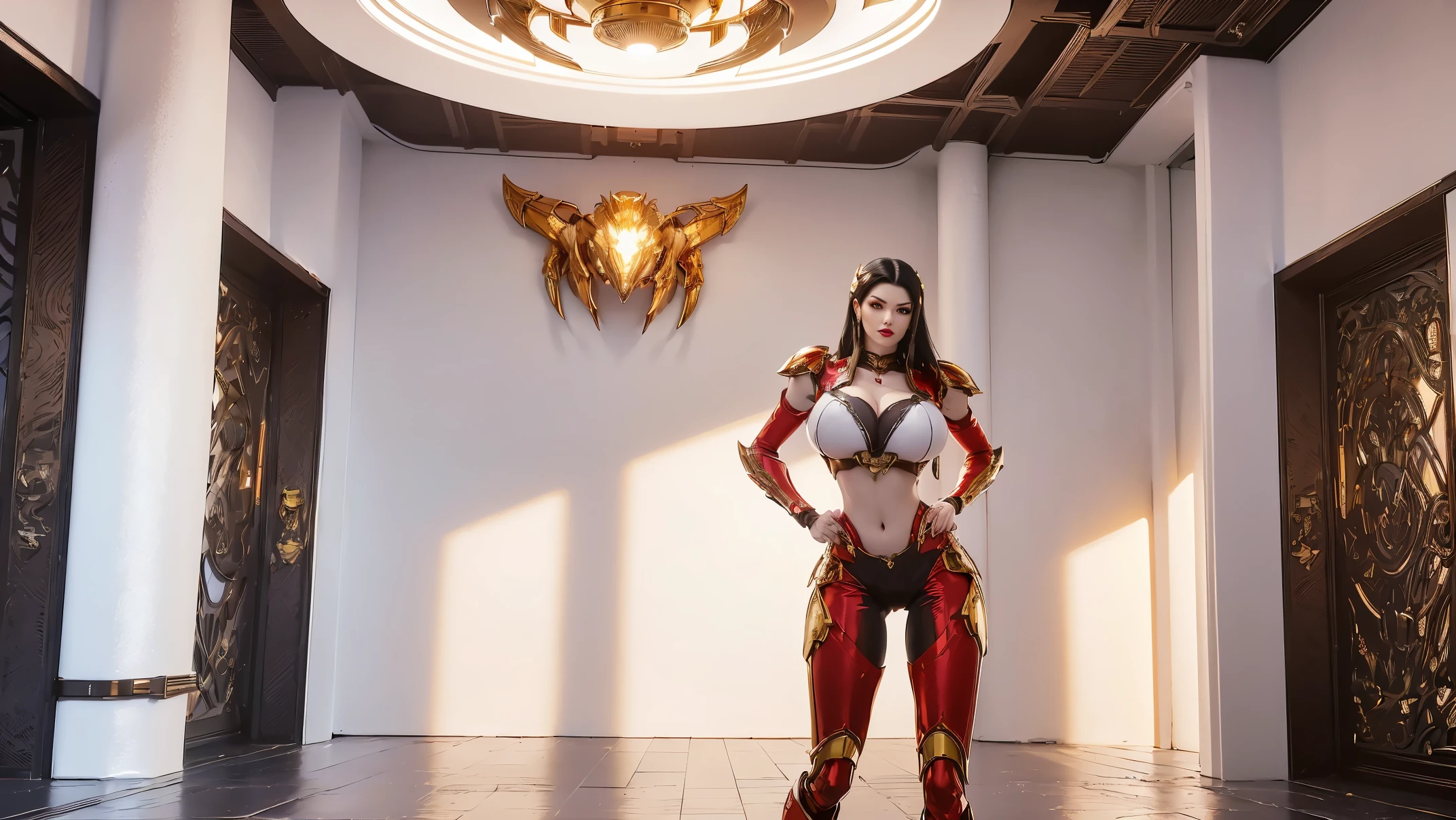 A beauty girl with black hair,(SOLO:2), (REALISTIC:1.2), (PHOENIX GOLD HELM:1.1), (SLIM BODY SHAPE,HUGE FAKE BREAST:1.5), (CLEAVAGE:1.5), (MUSCLE ABS:1.3), (MECHA GUARD ARMS:1.1), (RED SHINY CROP TOP, BLACK MECHA SKINTIGHT SUIT PANTS, MECHA GUARD ARMOR LEGS, HIGH HEELS:1.5), (WET SWEATY SKIN,SEXY LONG LEGS:1.1), (LOOKING AT VIEWER:1.3), (female focus:0.9), (WALKING HALLWAY OF FUTURISTIC SPACE STATION:1), (BRIGHT LIGHT WHITE_ROOM:1.3), HYPER TEXTURE, 4X MSAA, UNREAL ENGINE RENDER, PHYSICALLY-BASED RENDERING, ULTRA HIGHT DEFINITION, 16K, 1080P.