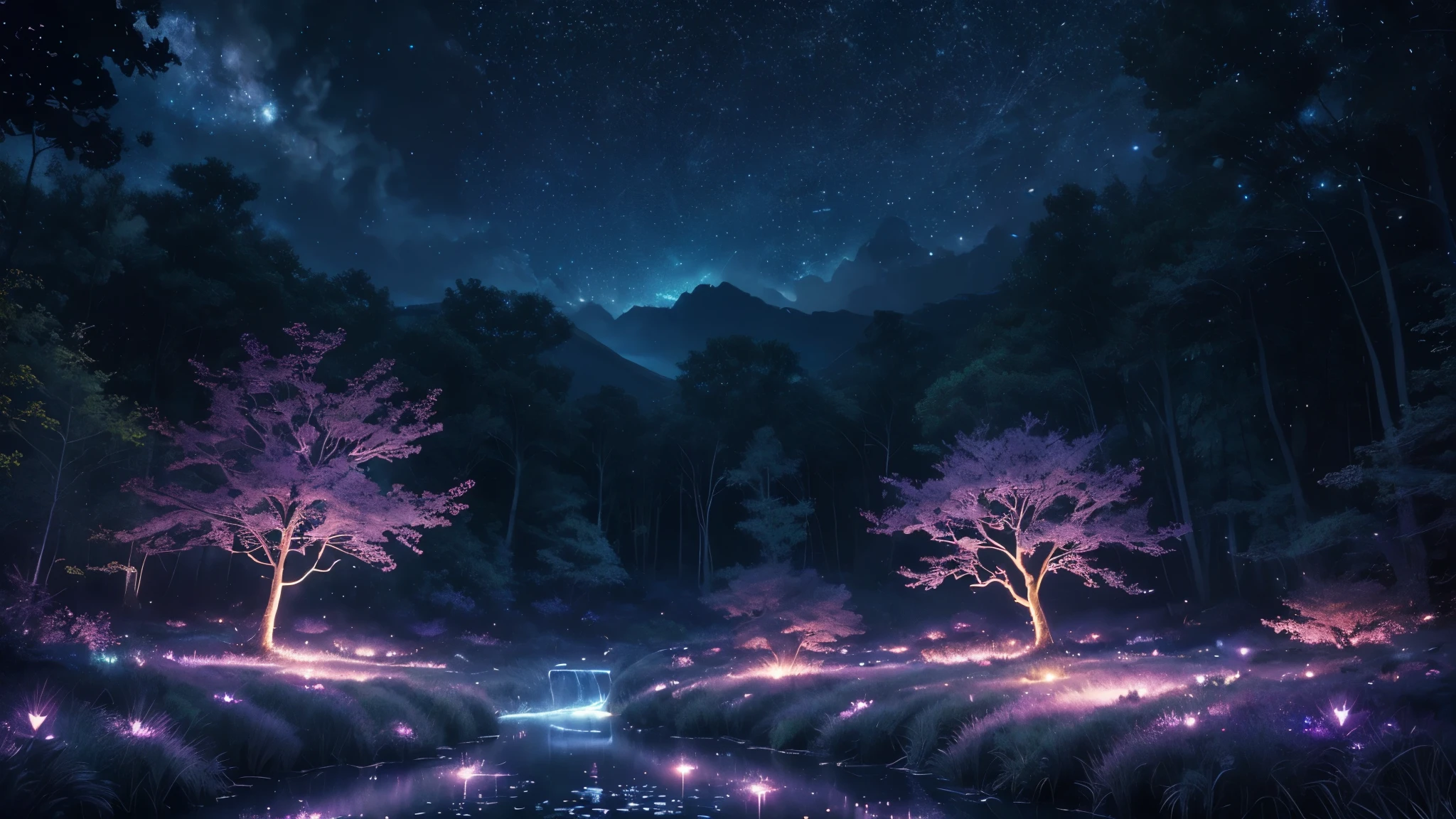 (best quality,ultra-detailed,realistic:1.37),magical, ethereal, night, vibrant plants, mystical atmosphere, spirit blossom, night sky, glowing stars, constellations, fireflies, enchanting atmosphere, pink blue colour scheme, magical realm, fantasy, spiritual realm