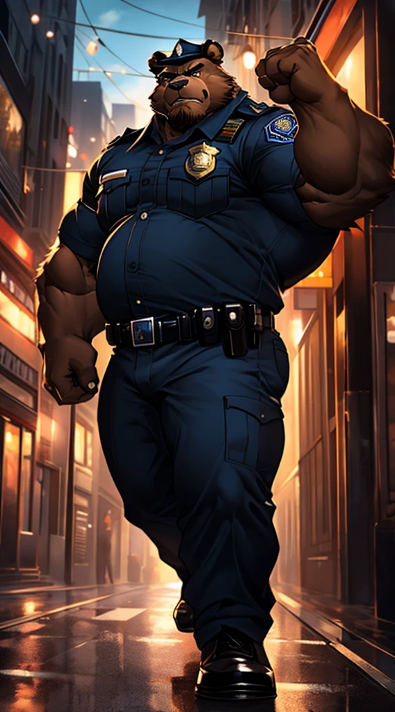 A huge fat old anthro furry bear, muscular arms, muscular legs, imposing stature, wearing a police uniform, with a stern and intimidating expression on his face, black full facial hair, green eyes, large fat belly . Detailed facial features, including a strong jawline, thick dark eyebrows, thick brown fur. The police uniform is crisp and well-fitted, belly slightly exposed, with a metal badge and shiny buttons. The scene is set in a city street. The lighting is dramatic, casting bold shadows and highlighting the contours of his muscles. The color tone is dark and moody, enhancing the serious and authoritative atmosphere. The image quality is of the best quality, with high resolution and ultra-detailed features. The overall style is realistic and professional, capturing the essence of a strong and dedicated police officer.
