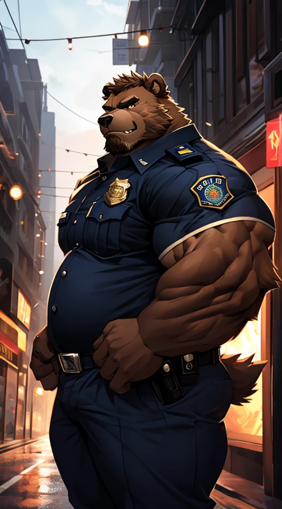 A huge fat old anthro furry bear, muscular arms, muscular legs, imposing stature, wearing a police uniform, with a stern and intimidating expression on his face, black full facial hair, green eyes, large fat belly . Detailed facial features, including a strong jawline, thick dark eyebrows, thick brown fur. The police uniform is crisp and well-fitted, belly slightly exposed, with a metal badge and shiny buttons. The scene is set in a city street. The lighting is dramatic, casting bold shadows and highlighting the contours of his muscles. The color tone is dark and moody, enhancing the serious and authoritative atmosphere. The image quality is of the best quality, with high resolution and ultra-detailed features. The overall style is realistic and professional, capturing the essence of a strong and dedicated police officer.