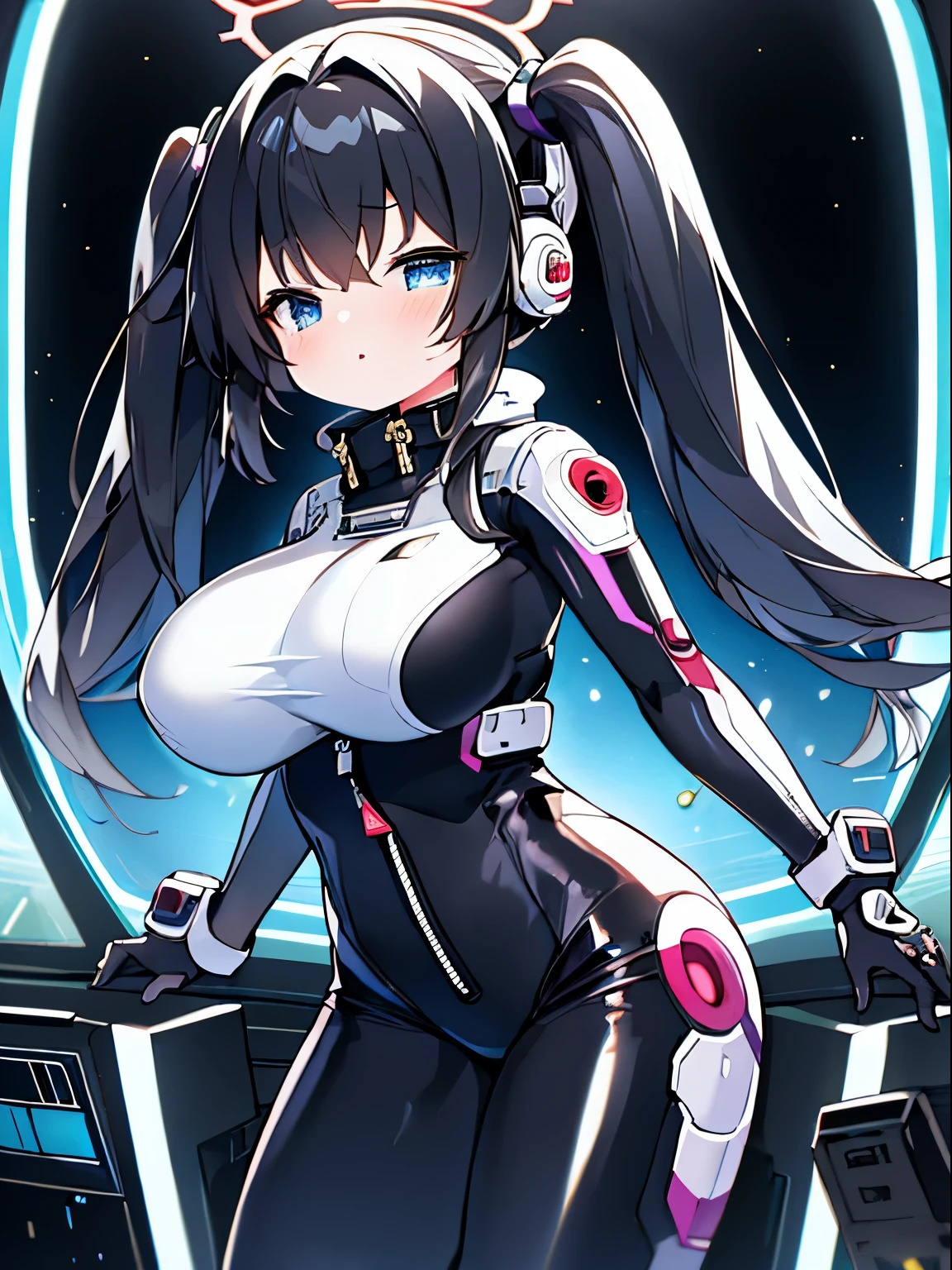 very detailed、masterpiece、high quality、one high school girl、、Loli、(black and white space suit、accent)、front zipper、(Futuristic, Tight Fit Bodysuit)、headphone、Cyberpunk space station interior background、(colorful golden hair),ロングtwin tails, (blue eyes), change,twin tails,sassy change，cheey change，mesugaki,girl,天才girl、(big breast):1.0,(blush):1.1、halo、