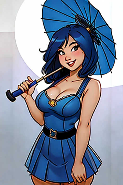 1 girl, , chinese, sexy curvy, round boobs, smiling, extremely low rise pleated blue prom dress, sheer stockings, thin waist, upper body view, umbrella