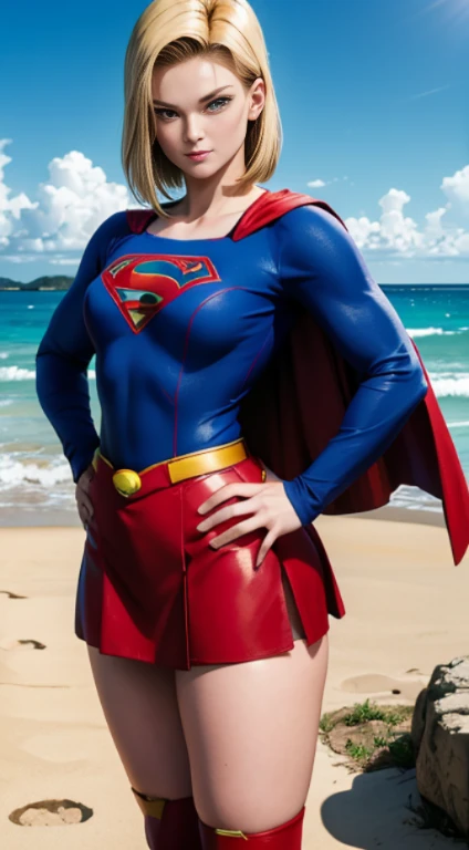 Android 18, ( foto corpo inteiro ), terno Supergirl, red cape, S do super man no peito, blue swimsuit, Red skirt, botas vermelhas, (decote), loira do cabelo curto, seios enormes, Athletic body, peitos grande muito sedutor, pose sedutora, sorridente, fofo, muito fofo, Ultra High Definition, master part, Ultra alta qualidade, detalhamento ultra, 8k, na praia, pose sexy