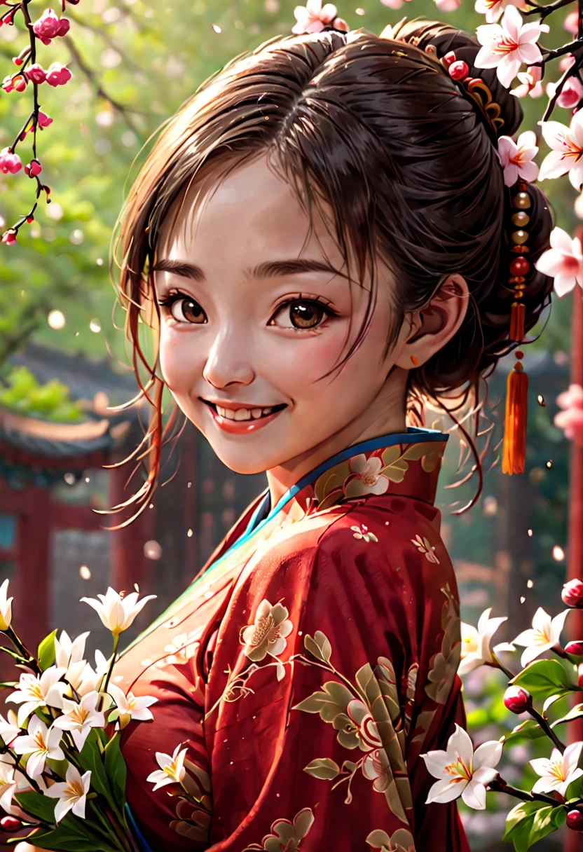 cinematic photo 1woman, smile, flowers, 35mm photograph, film, bokeh, highly detailed, chinese style, (realistic, photorealistic, RAWphoto:1.4), (best quality, masterpiece, Representative work, official art, Professional, 8k:1.3)