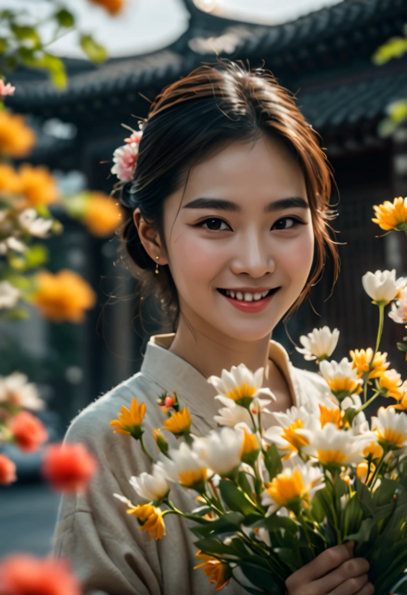 cinematic photo 1woman, smile, flowers, 35mm photograph, film, bokeh, highly detailed, chinese style, (realistic, photorealistic, RAWphoto:1.4), (best quality, masterpiece, Representative work, official art, Professional, 8k:1.3)