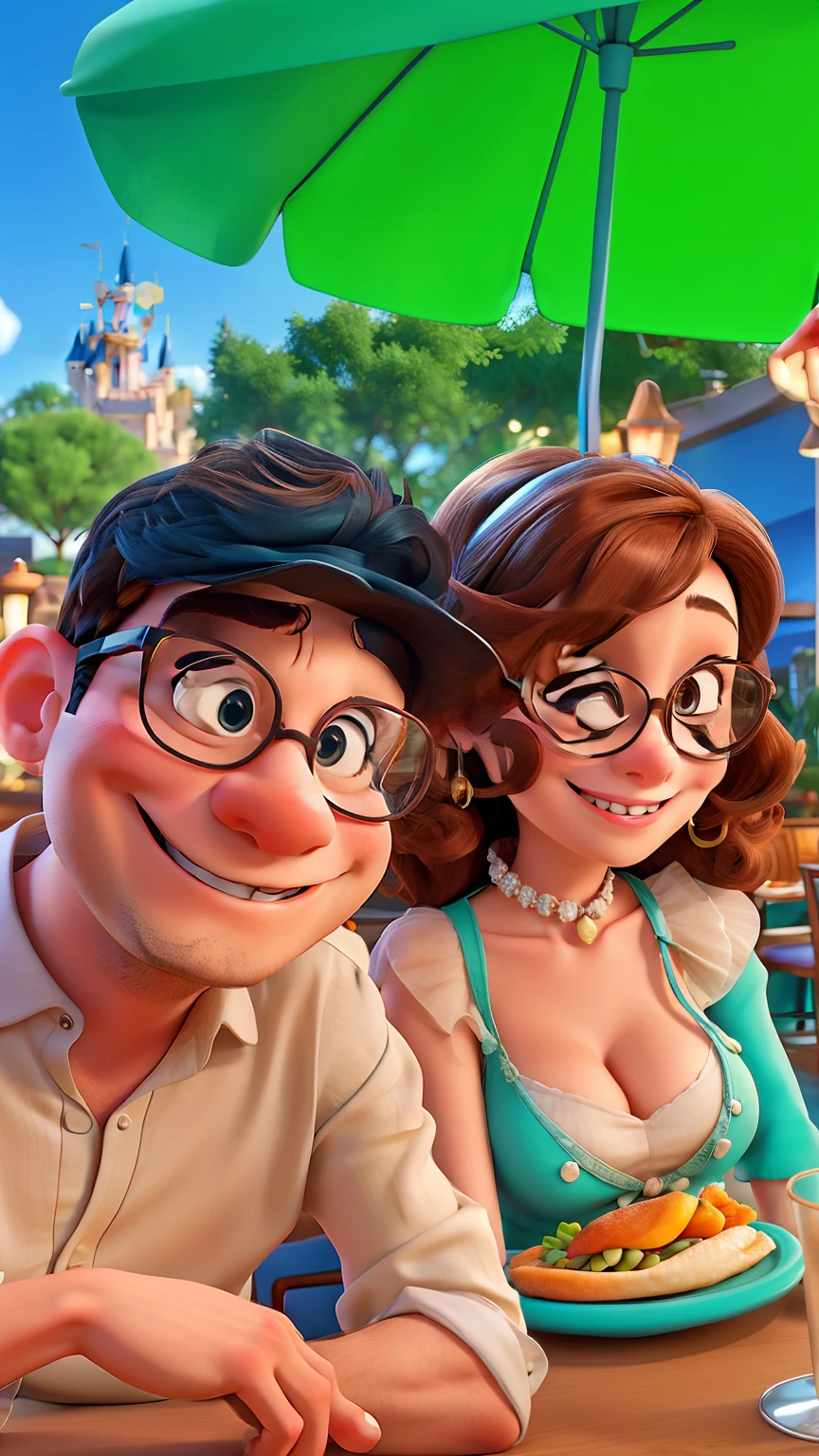 Disney Style Couple With Glasses Smiling In Restaurant.