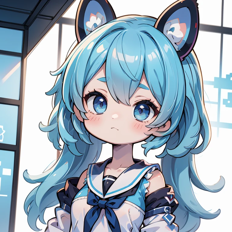 a close up of a cartoon character with a blue hair, chibi, rei hiroe, loli, shirabii, sayori, small curvy loli, smol, rin, booru, she has a cute expressive face, shikamimi, [[[[grinning evily]]]], vivy, visual novel sprite