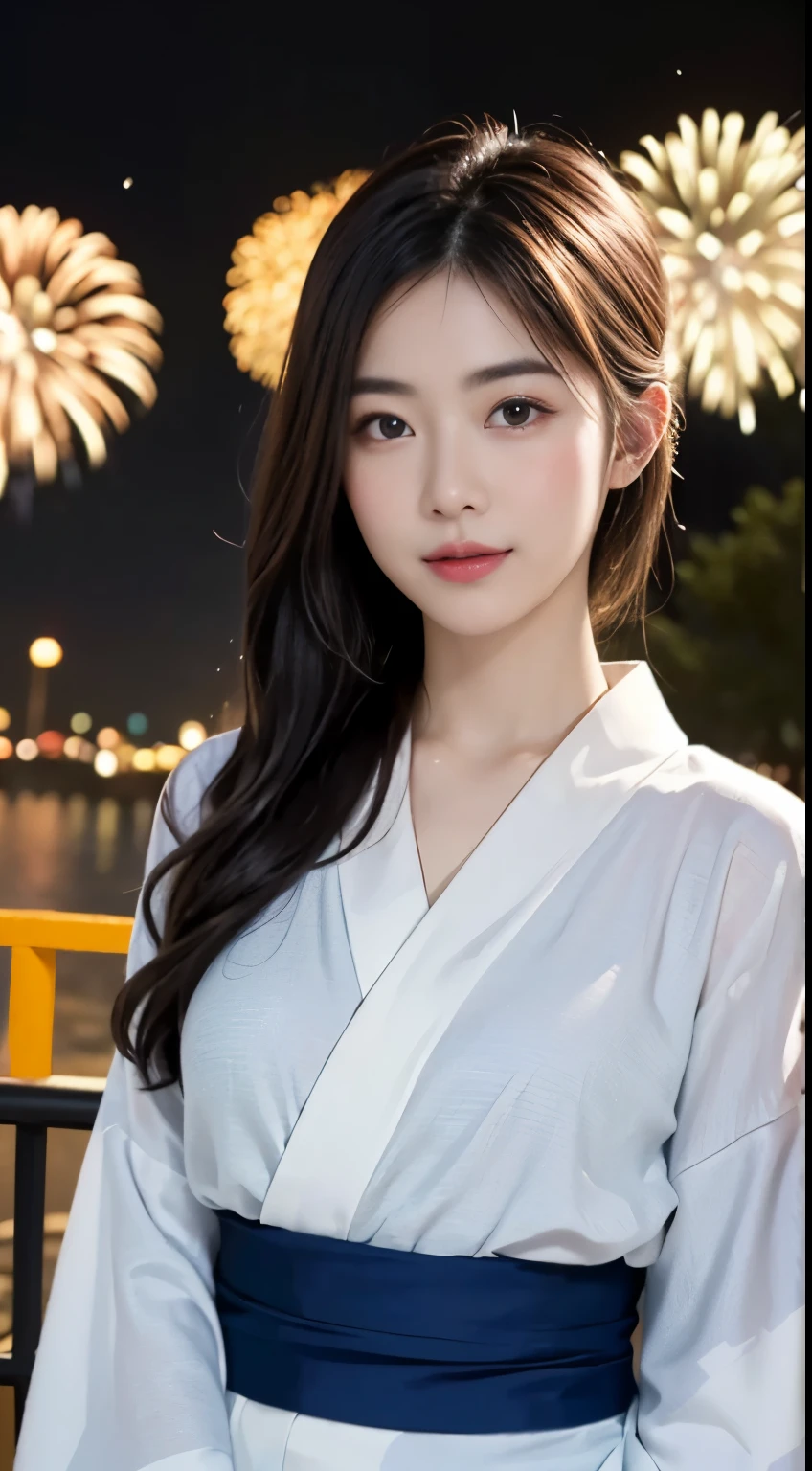 (8K、immaturegraphy、highest quality、masterpiece:1.45)、(realistic、Photoreal:1.35)、(((Fireworks Venue、night)))、one girl、cute、enchanting smile:1.2、(((Yukata、kimono、wearing fusion kimono and Yukata)))、professional lighting、Richly detailed facial features)、double eyelid、big breasts、valley、(胸にvalley間:1.3)、closed mouth、No bra、highly detailed face、super detailed hair、perfect body、perfect fingers、20 year old woman、cute、japanese goddess、sexy、gravure、immature