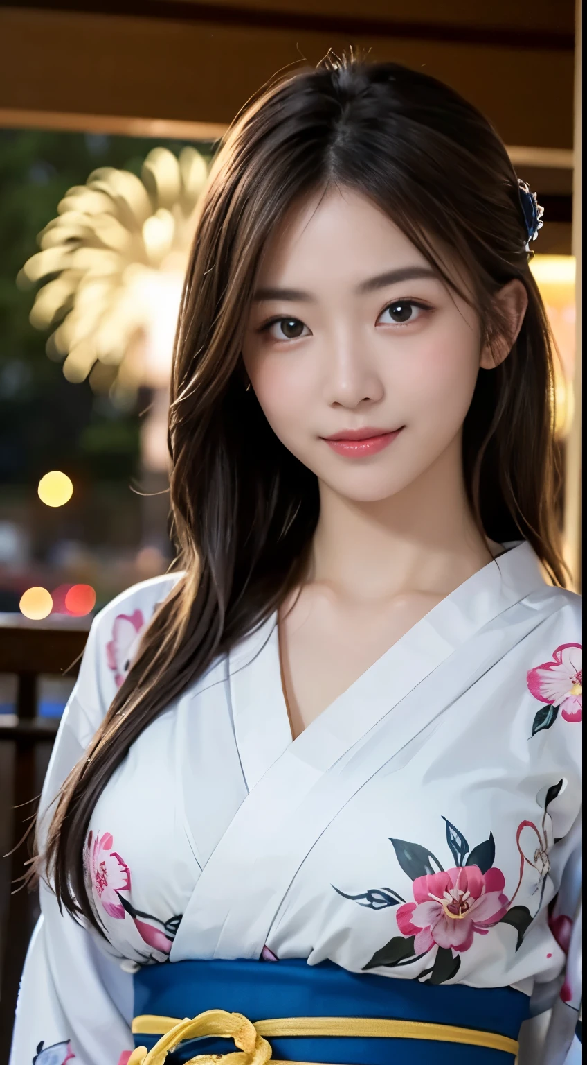(8K、immaturegraphy、highest quality、masterpiece:1.45)、(realistic、Photoreal:1.35)、(((Fireworks Venue、night)))、one girl、cute、enchanting smile:1.2、(((Yukata、kimono、wearing fusion kimono and Yukata)))、professional lighting、Richly detailed facial features)、double eyelid、big breasts、valley、(胸にvalley間:1.3)、closed mouth、No bra、highly detailed face、super detailed hair、perfect body、perfect fingers、20 year old woman、cute、japanese goddess、sexy、gravure、immature