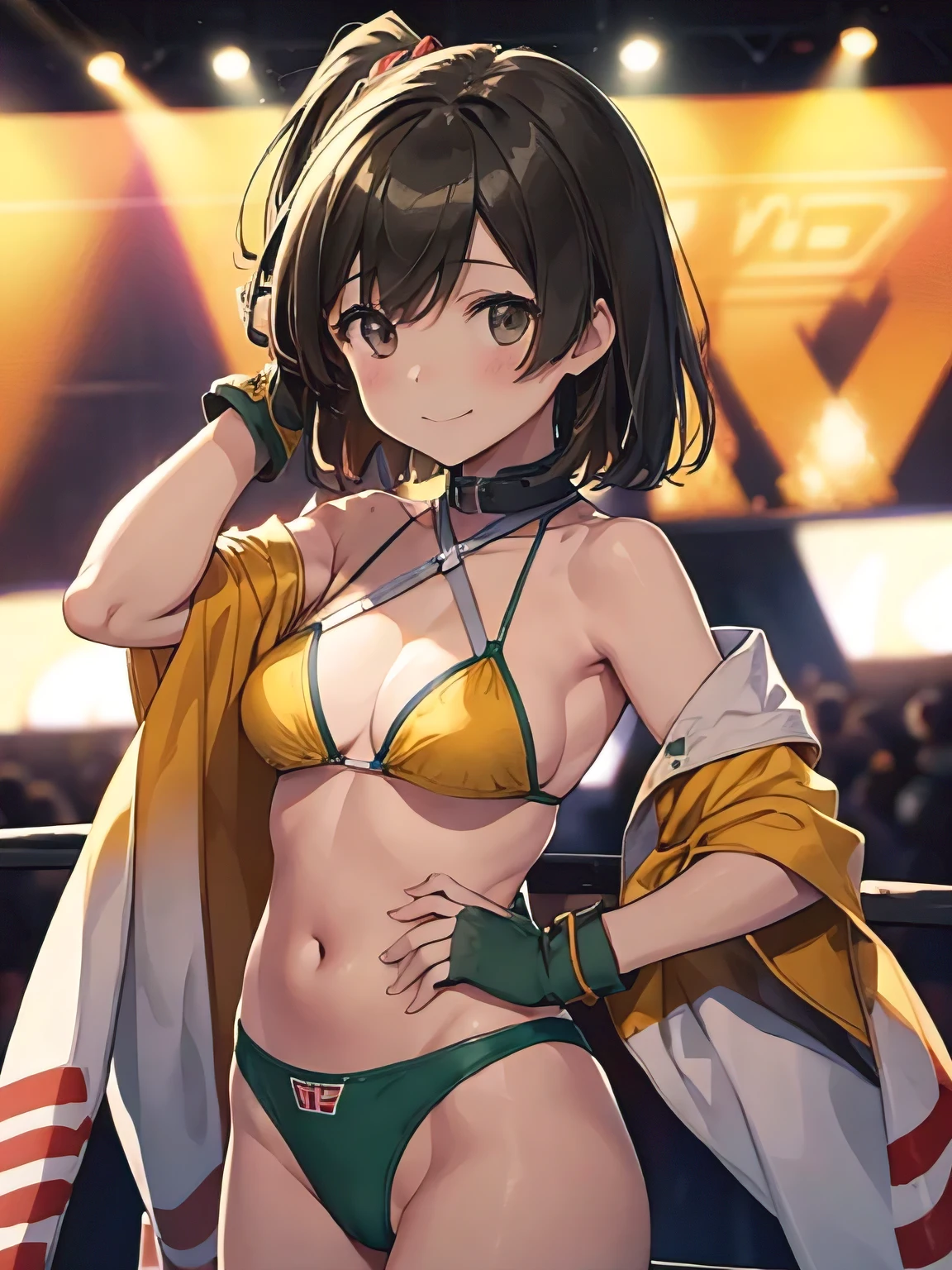 (pieces fly, highest quality:1.2), cowboy shot, alone, 1 girl, Hiryū, shy smile, looking at the viewer,Yellow Bikini、one side up, , Gloves without partial fingers、The background is professional wrestling、Audience seats、Are standing、facing forward