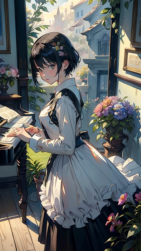 ((Watercolor by singer Sargent))、(highest quality、masterpiece)、1 girl、16 years old、wonderful、short black hair、Also々Shiime、small breasts、uniform、long skirt、piano、library、Book、flower shop、table、Floral、window、Foliage plant、 wood,
