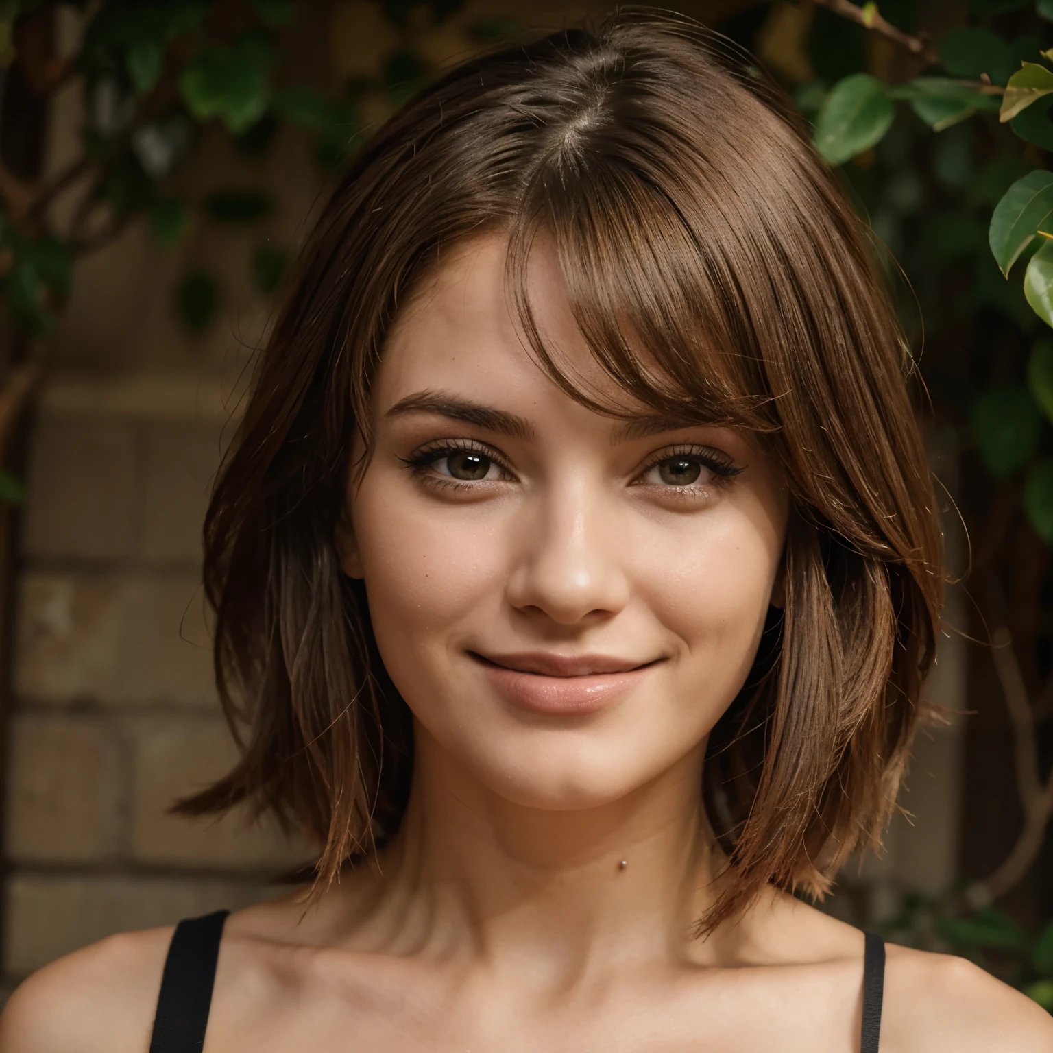 Mulher de cabelos pretos 23 anos sorrindo, rosto perfeito, branca