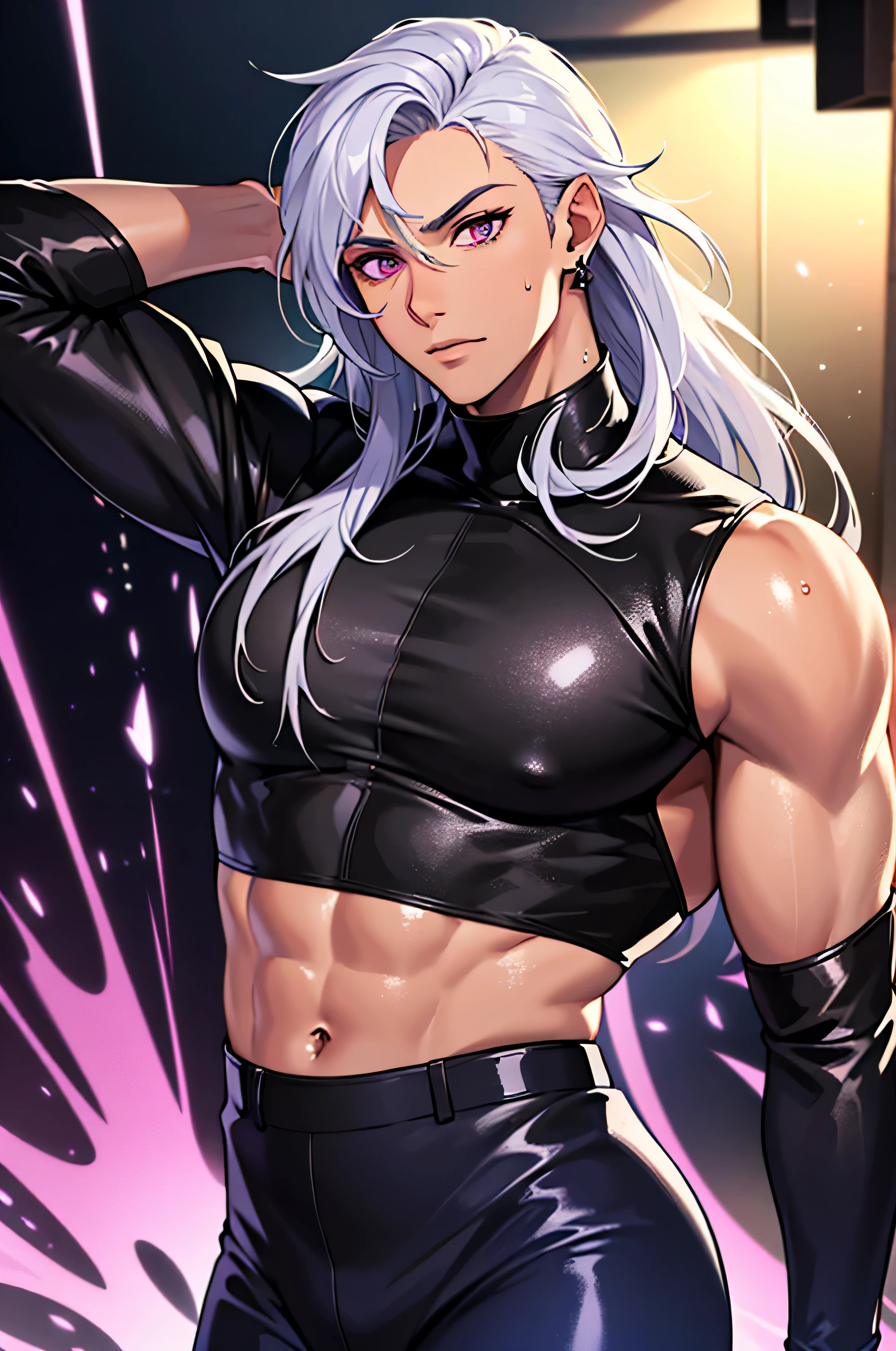 ((1 man, solo)), long fluffy hair, white hair, messy bangs, Sunkissed tan skin, purple magenta eyes, handsome, gloves, earrings, veins on arms and hands, sweaty skin, tight leather outfit, turtleneck, leather pants, white happy trail, big pectorals, abs, plump ass, narrow waist, Cinematic lighting, hyper HD, close up, Masterpiece, High details, (badass dynamic pose))