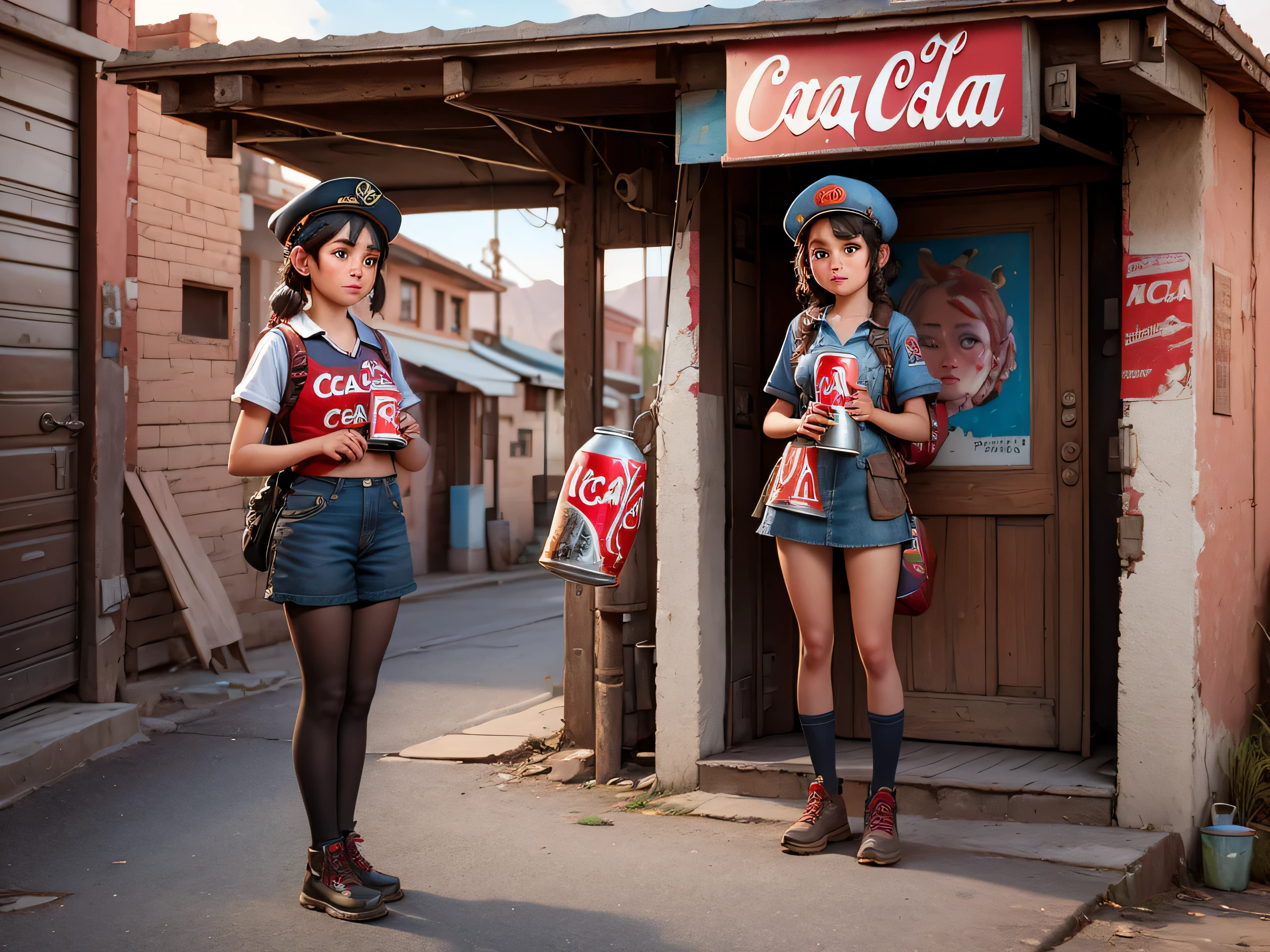 3D Aware LSD Inca city with a girl, (shy), Painting of a girl holding a can of cocacola in a old gas station, Art by Norman Rockwell. more detail XL Digital Art, art by Ray Shark Salvador Dali