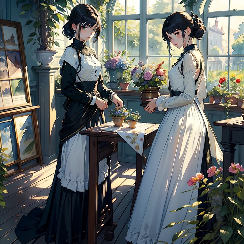 ((Watercolor by singer Sargent))、(highest quality、masterpiece)、1 girl、、wonderful、short black hair、small breasts、uniform、long skirt、botanical garden、flower shop、table、Floral、window、Foliage plant、 wood,