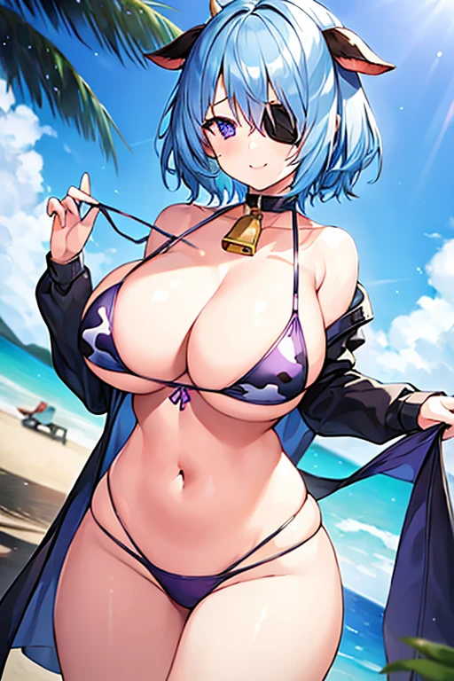1girl, large breasts, wide hips, light blue hair, purple eyes, one eye covered, eyepatch, ((eyepatch)), very short hair, cow ears, bell, cow print, bikini, light smile, happy,