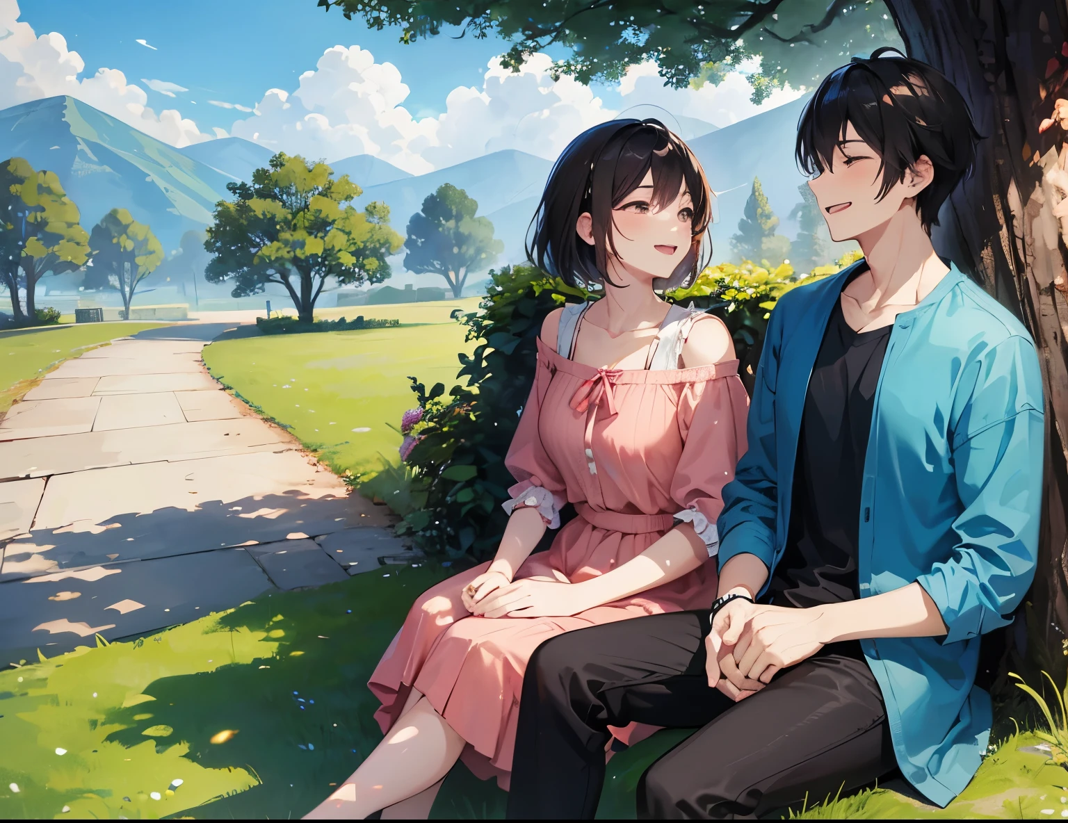 A couple (1male, 1female), sit under the tree, laugh, romantic atmosphere, happy atmosphere, landscape