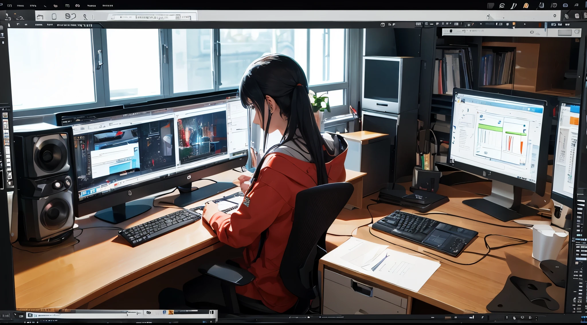 CG artist working on a project on a COMPUTER. 3d Artist sitting at a desk and working on a PROJECT in Substance Painter, Blender 3D OR Maya. A program for 3d graphics is open on the computer screen. There is also a cup of coffee on the table.", REALISTIC STYLE, NON CARTOON((Лучшее качество)), ((Шедевр)), (подробный),A vibrant и imaginative