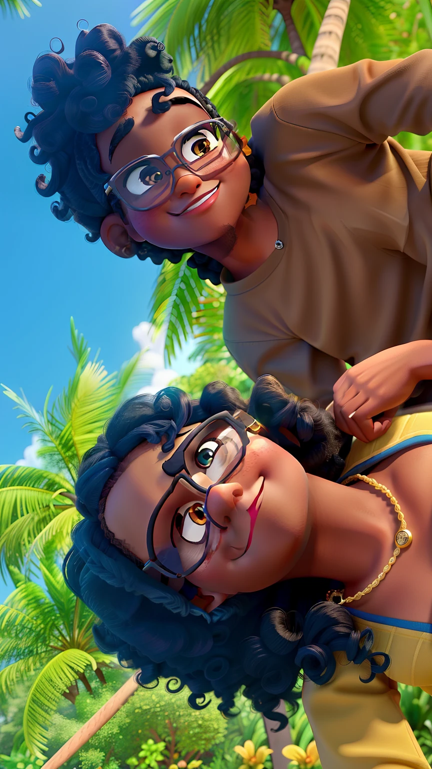 Casal estilo Disney pixar, alta qualidade, melhor qualidade, woman with curly hair and dark skin glasses, homem da pele morena com cabelo curto cacheado