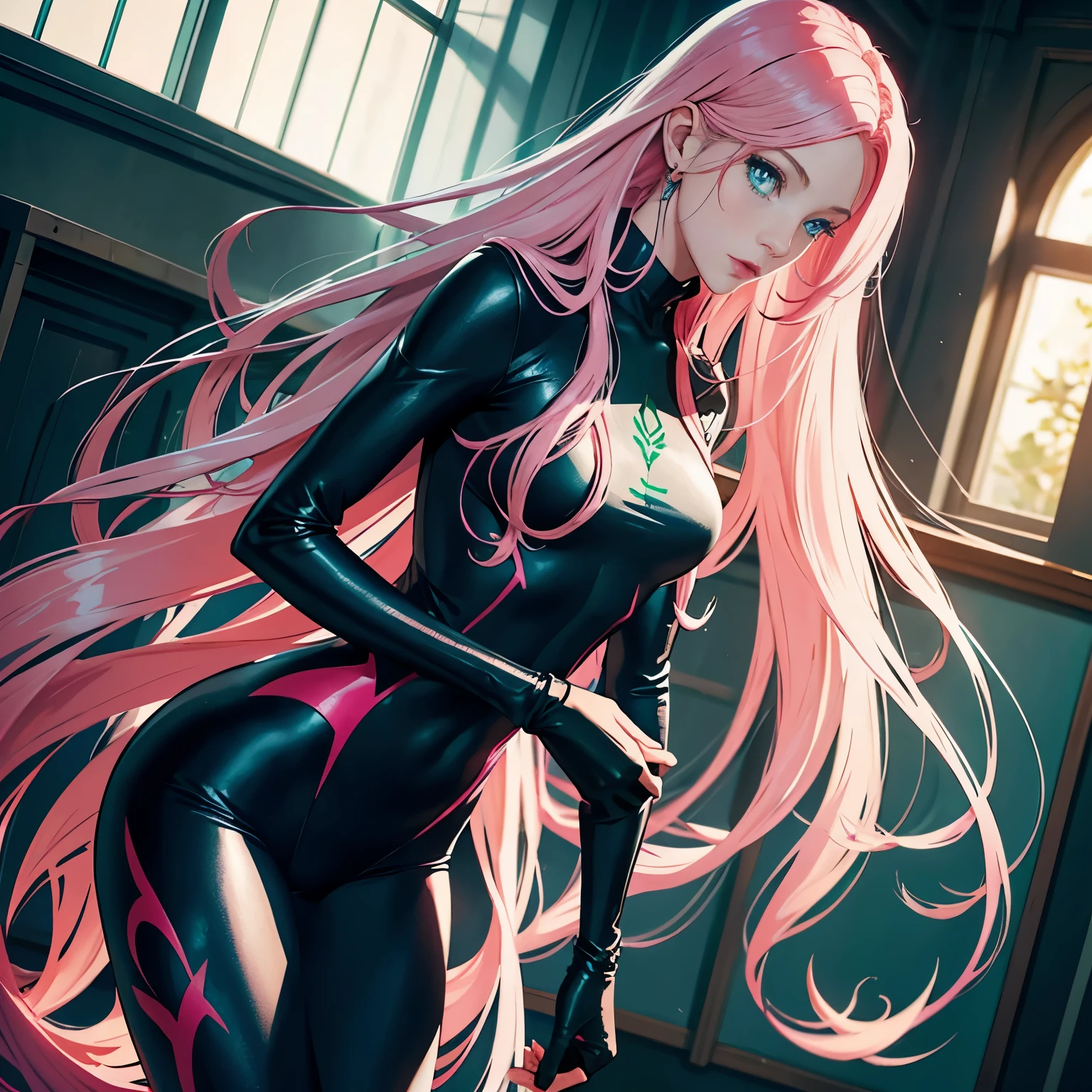 A woman, very long pink hair, blue eyes, inside the school, black suit, defined body, poison ivy, Pamela Isley