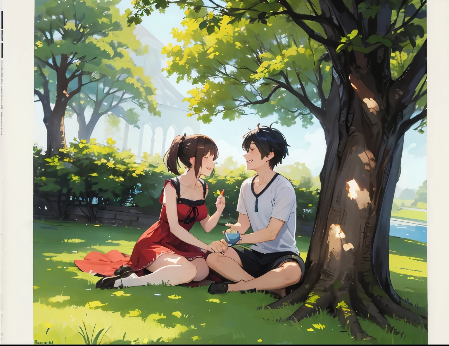 A couple (1male, 1female), sit under the tree, laugh, romantic atmosphere, happy atmosphere, landscape