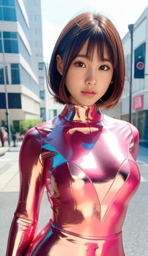 PinkRanger, 1girl, cute japanese 20 years old, Angelic Very beautiful cute girl,
Beautiful detailed eyes, 
Detailed double eyelids,
(Large eyes:1.3),long eyelashes,
see-through bangs,
(beautiful detailed face and eyes:1.4), 
Beautiful short dark hair,
slightly smiling,
(Best Quality:1.2),
Raw photo, 
High resolution, 
perfect detail, 
Professional Photography, 
Professional Lighting,BREAK  (Super Gloss Metallic Coral Pink Full :1.3) , Ultra-tight fit ,  ,Walking,Beautiful legs, Strong lighting of the bodysuit,In the city,Brown hair,Big ,  figure:1.4