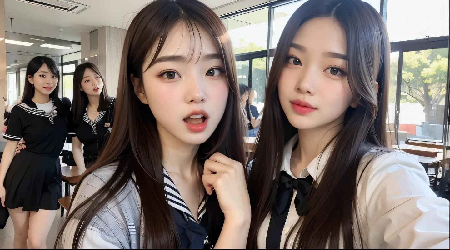 there are two girls that are posing for a picture together, ulzzang, jaeyeon nam, 8k selfie photograph, beautiful gemini twins, #oc, # oc, nixeu and sakimichan, with a twin, popular south korean makeup, korean face features, lalisa manobal, twins, korean girl, student, with cute - fine - face, joy red velvet