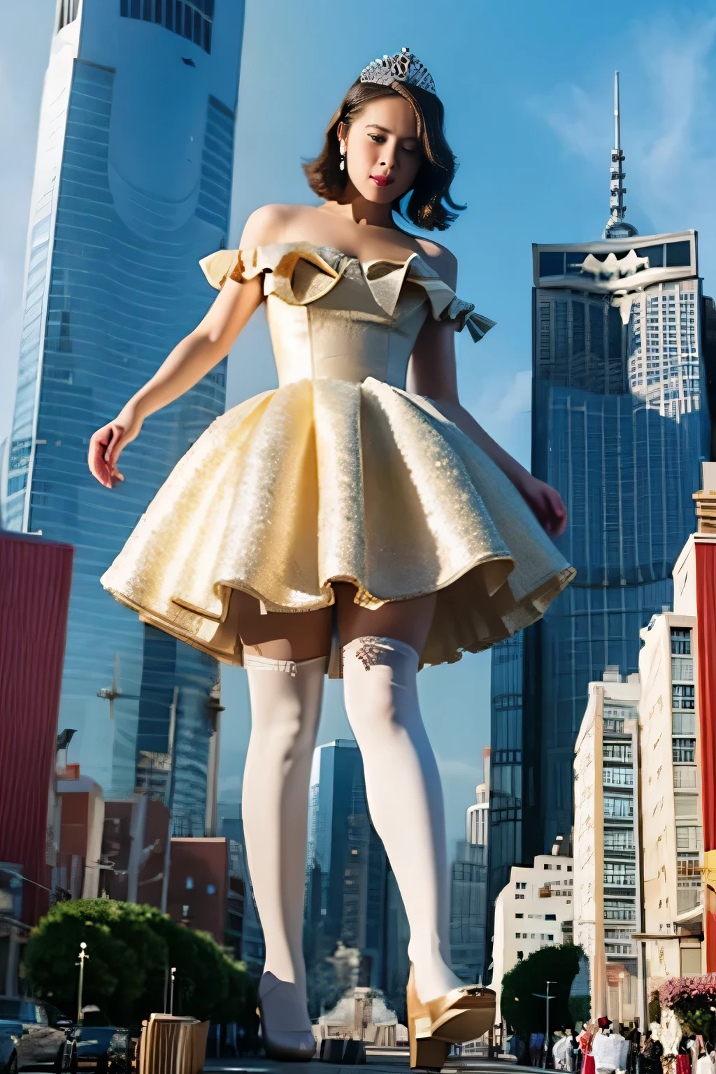 Giantの芸術, 非常に詳細なGiantショット, Giant, short hair, black pantyhose, A giant princess much bigger than a skyscraper, wearing rimless glasses, big breasts, big ass, White luxury dress, white pantyhose, white high heels, very small metropolis, miniature metropolis, full body description, ＧＴＳ, ギガGiant, Stomping City, crash city, Small town, micro city, princess dress, 