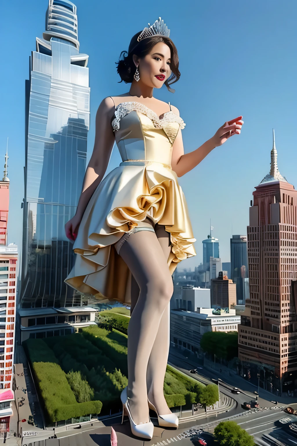 Giantの芸術, 非常に詳細なGiantショット, Giant, short hair, black pantyhose, A giant princess much bigger than a skyscraper, wearing rimless glasses, big breasts, big ass, White luxury dress, white pantyhose, white high heels, very small metropolis, miniature metropolis, full body description, GTS, ギガGiant, Stomping City, crash city, Small town, micro city, princess dress,