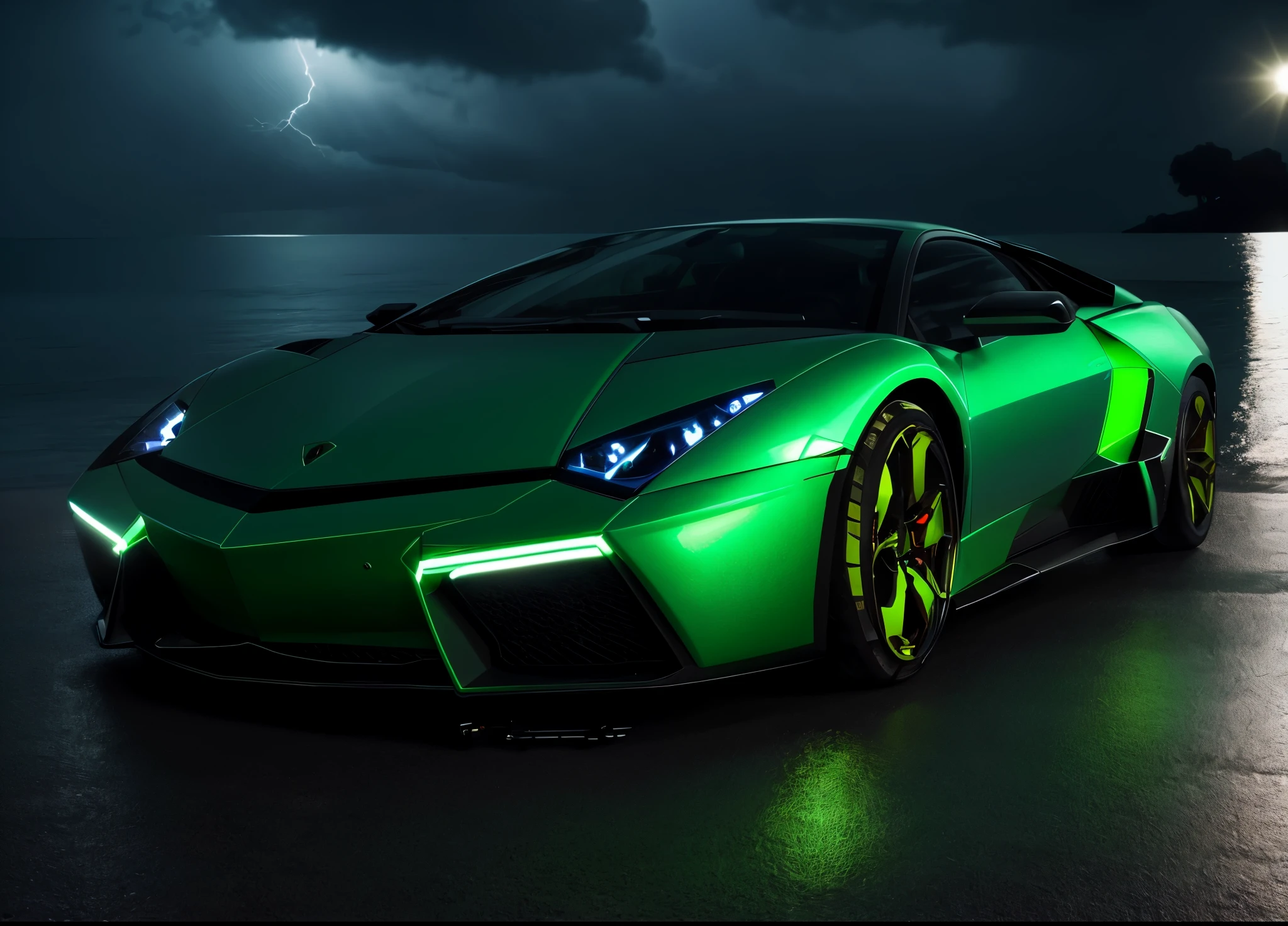 Lamborghini reveton Black and green parked at night, WELL illuminated by blue neon lights, in a stormy night with powerful lightning in the sky.