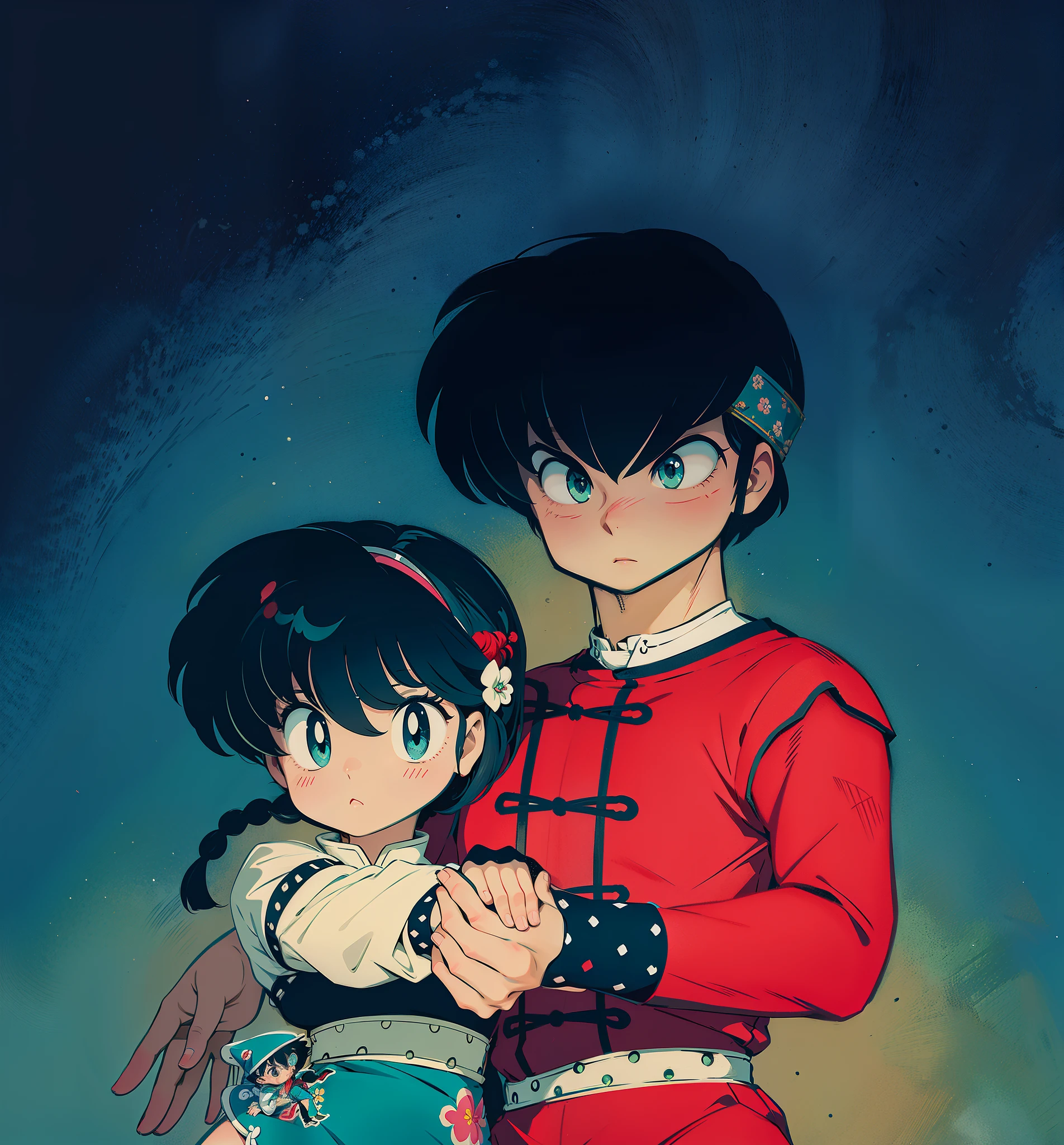 drawing of a boy with black hair and a red-haired girl, the boy holds the girl with his arm around the girl's neck, Girl with Pink Swimsuit, Boy in green Chinese clothes, Red-haired girl with blue eyes and boy with black hair, inspired by Ranma 1/2, by Rumiko Takahashi, inspired by Ranma 1/2, anime style, high quality fanart, official illustration, from Ranma 1/2,