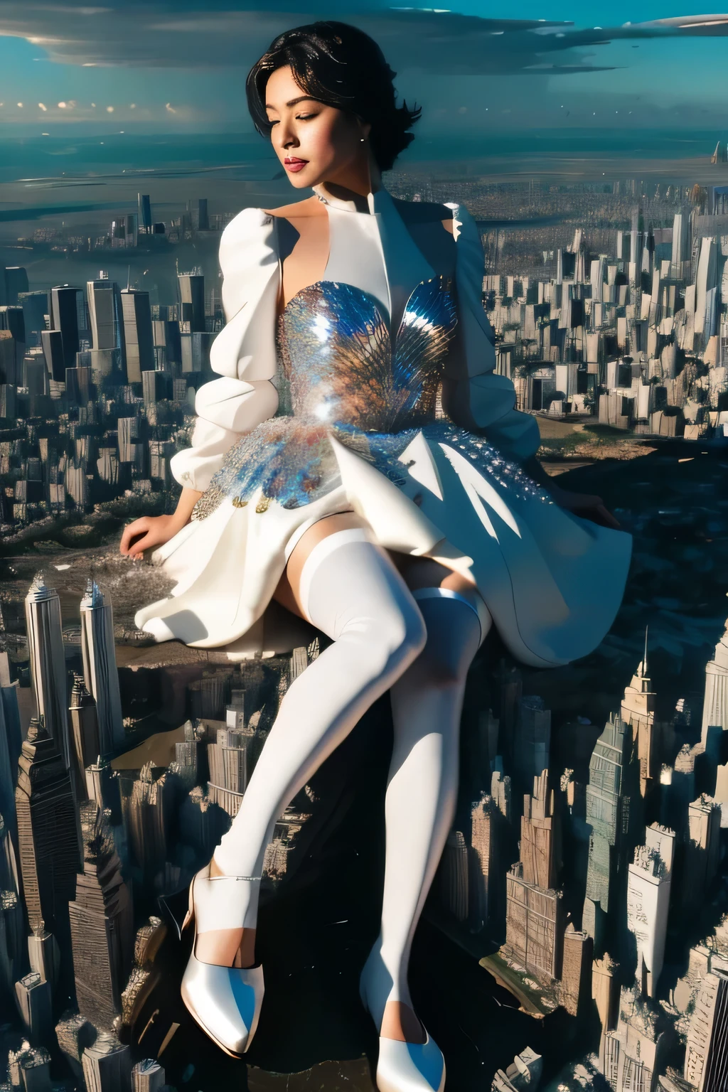 multiple girls, Giantの芸術, 非常に詳細なGiantショット, Giant, short hair, black pantyhose, A giant princess much bigger than a skyscraper, wearing rimless glasses, big breasts, big ass, White luxury dress, white pantyhose, white high heels, very small metropolis, miniature metropolis, full body description, ＧＴＳ, ギガGiant, Stomping City, crash city, Small town, micro city, High resolution, highest quality, masterpiece, crystalline dress, 