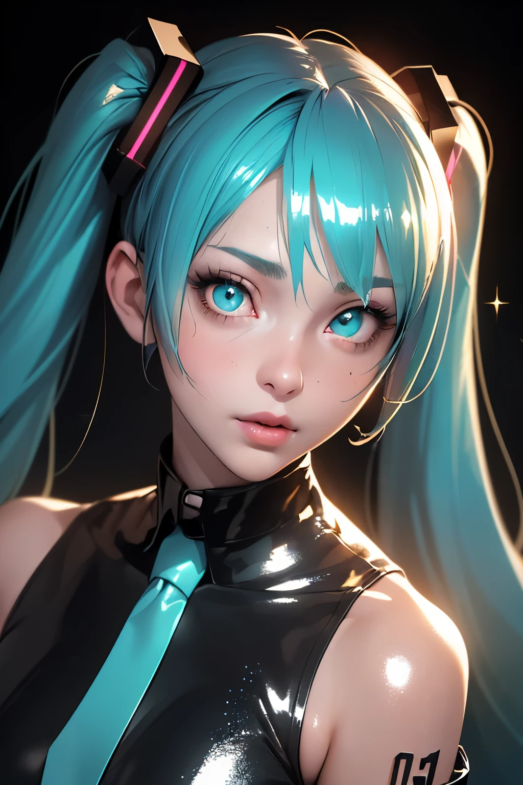 (((1girl))), (((Waifu, VOCALOID, Miku Hatsune Waifu))), (((Long Hair, Twintails Hair))), ((Cyan Eyes eyes:1.3, Upturned Eyes: 1, Perfect Eyes, Beautiful Detailed Eyes, Gradient eyes: 1, Finely Detailed Beautiful Eyes: 1, Symmetrical Eyes: 1, Big Highlight On Eyes: 1.2)), (((Lustrous Skin: 1.5, Bright Skin: 1.5, Skin Fair, Shiny Skin, Very Shiny Skin, Shiny Body, Plastic Glitter Skin, Exaggerated Shiny Skin, Illuminated Skin))), (Detailed Body, (Detailed Face)), (Best Quality), Shirt, Loose Skirt, Garter Belt, Stockings, High Resolution, Sharp Focus, Ultra Detailed, Extremely Detailed, Extremely High Quality Artwork, (Realistic, Photorealistic: 1.37), 8k_Wallpaper, (Extremely Detailed CG 8k), (Very Fine 8K CG), ((Hyper Super Ultra Detailed Perfect Piece)), (((Flawlessmasterpiece))), Illustration, Vibrant Colors, (Intricate), High Contrast, Selective Lighting, Double Exposure, HDR (High Dynamic Range), Post-processing, Background Blur, Inky Shadows, Darker Shadows, Thick Shadows, High Quality Shadows, high detail, realistic, Cinematic Light, sidelighting, Lens Flare, Ray tracing, sharp focus,