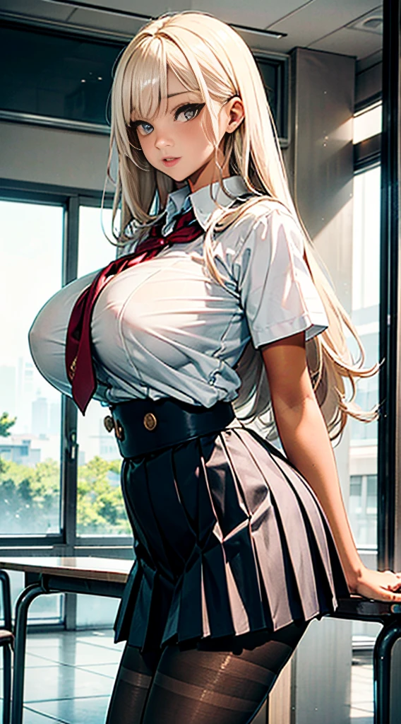 1girl, masterpiece, best quality, slender girl with hourglass body and huge breasts, solo, pretty, cute, shy girl, ((girl wears school uniform, short pleated skirt, white blouse, Korean school uniform)), , girl shows enticing breasts, ((platinum blond hair, long hair)), pink colored eyes, pink orbs, detailed eyes, beautiful eyes, delicate eyes, ((hourglass body, sexyy)), correct anatomy, correct limbs, ((huge breasts:1.2)), juicy lips, pouty lips, [detailed background (korean school, korean high school, Seoul, south korea)]BREAK((pantyhose)),((side shot)),((looking through legs)),((tan skin:1.6))