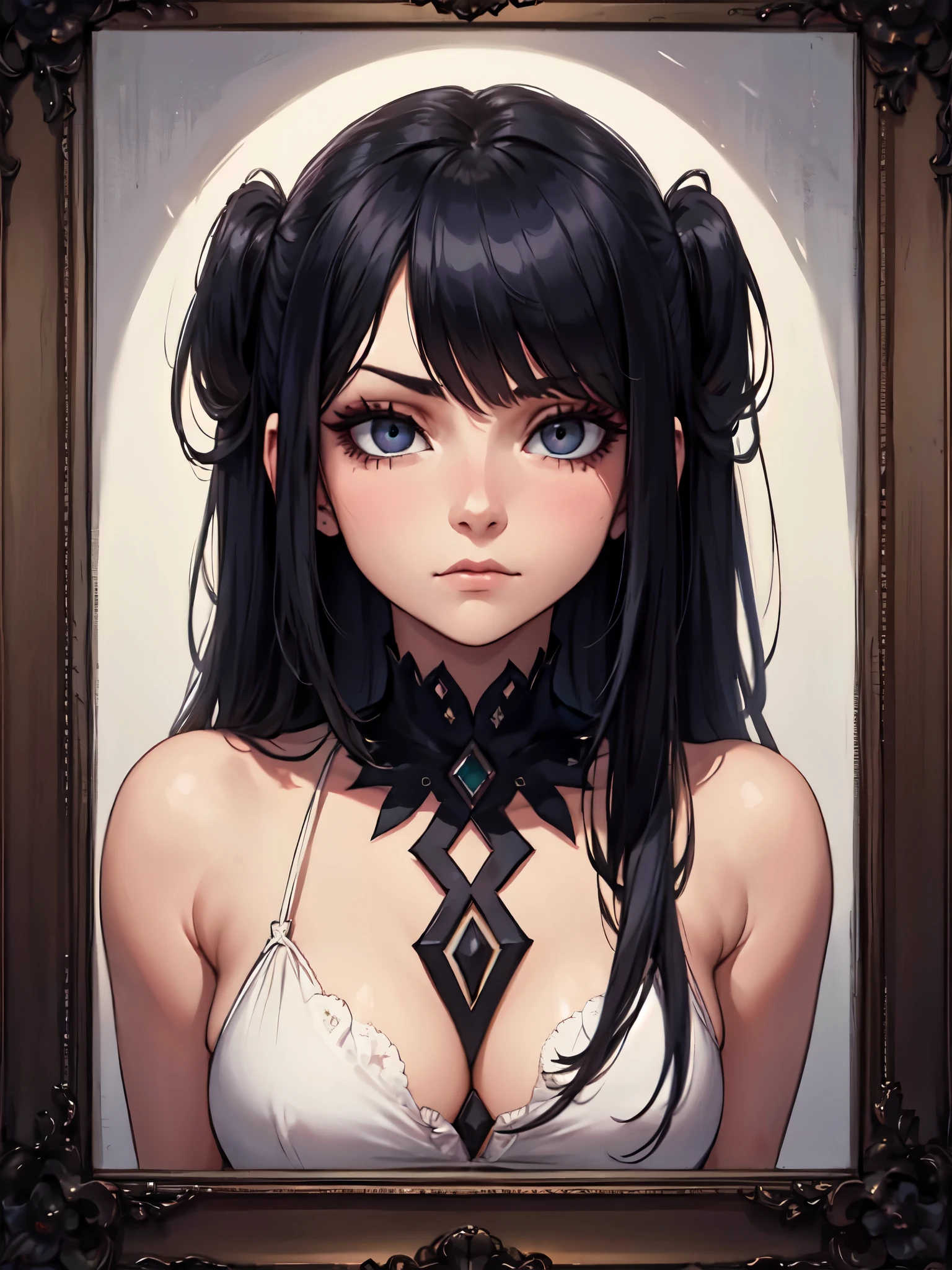 Name: Veronica Darkness Description: Sad eyes, black hair, framed by darkness. There is an abyss of mystery hidden in her gaze.