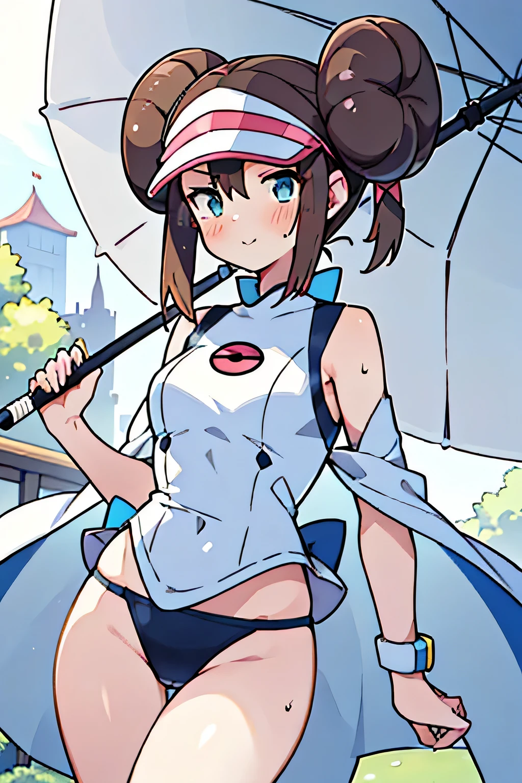 supermodel physique, perfect body, Perfect clear skin, 超realistic, hyper realism, realistic, 超high quality, masterpiece, high quality, beautiful, sexy face, cute, Slightly toned, fit, Supermodel Build, 3/4 body view, sexy waist, sexy hips, perfect legs, thigh gap, towards the camera, rosa(Pokemon), 1 girl, alone,double bun, bun hair, visor cap, brown hair, blush, (lace queen、Holding a parasol、体にfitした衣装、tight costume)、Are standing、Racetrack