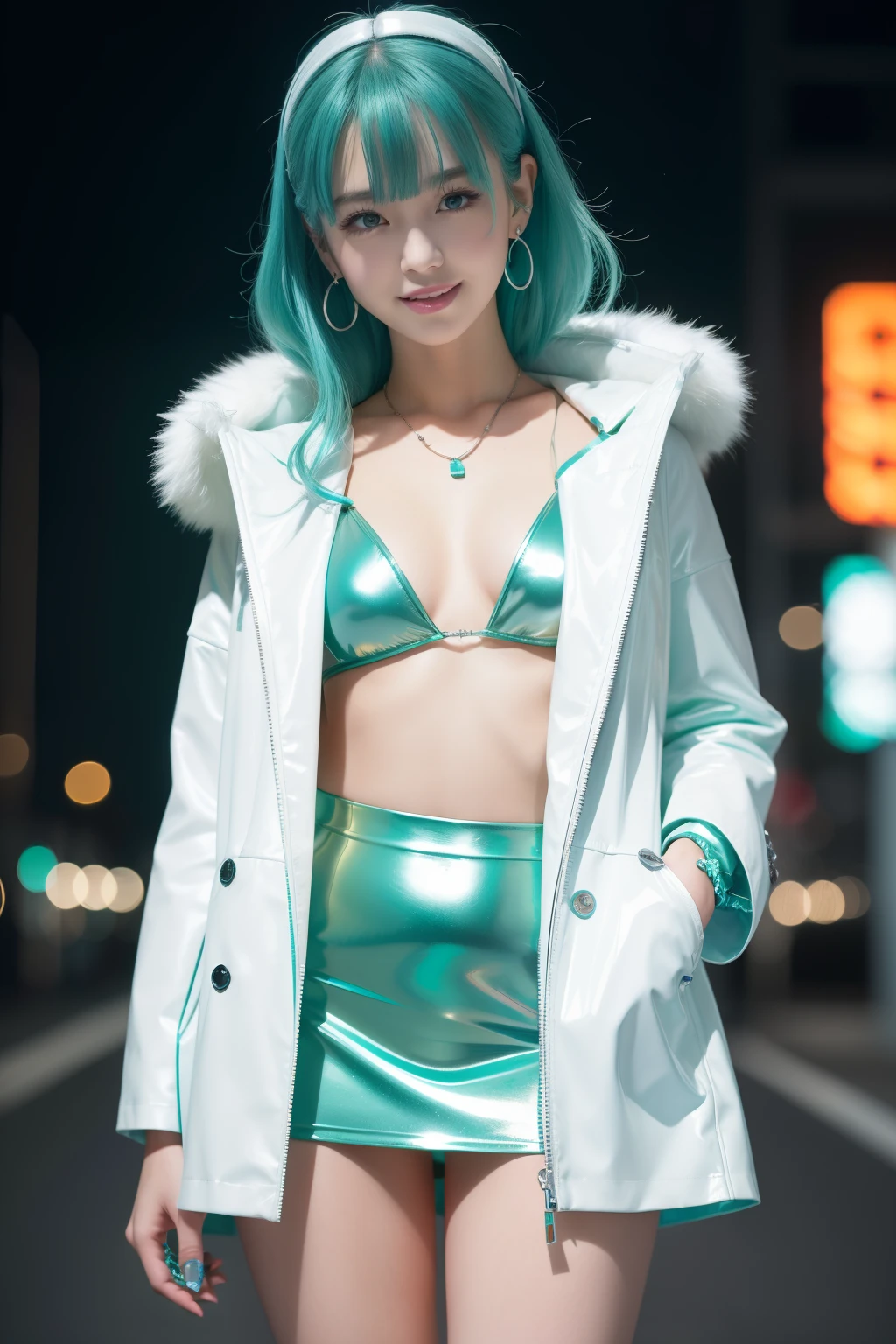 nsfw, female idol、lipgloss, smiling face, full body Esbian、naked small breasts, shiny very long earrings,（turquoise blue and light green）、shiny very long necklace,（turquoise blue and light green）、shiny latex tight mini skirt,（turquoise blue and light green）、shiny latex clutch,（turquoise blue and light green）、Colorful hair, long white coat with white fluffy fur, (bright white:2）、conceptual art, High quality, Realistic, extremely detailed CG unified 8k wallpaper, highly detailed, High-definition raw color photos, professional photography, Realistic portrait, Cinematic Light, Beautiful detailed, Super Detail, high details, (((Bokeh))), depth of fields, illumination, Neon Street, Super stylish lighting 