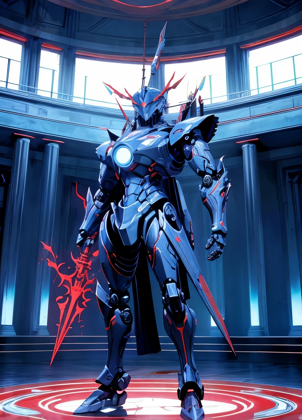 A large robot holding a large spear, in a massive octagonal room, blue and white paint job, red glowing eyes, very futuristic, wide camera shot, futuristic room, very menacing, standing in the center of the room, female inspired