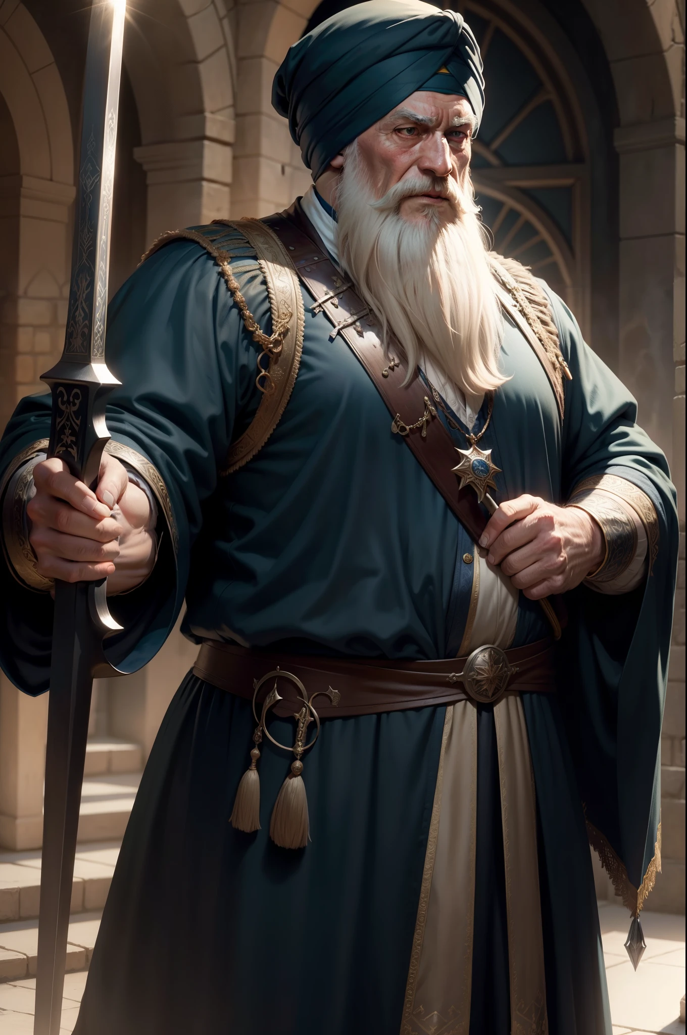 Man,dumbledore,A old man,Big chest,wearing an outfit,He wears SIKH armor,Wears a ROUND TURBAN, WITH SWORD ,muscle men