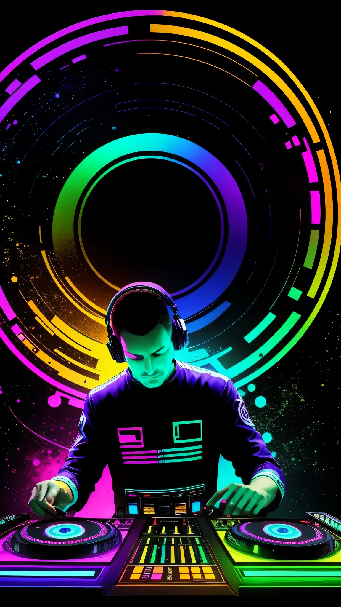 Psychedelische Fraktal Strukturen mit bunten Farben erstrecken sich durch das Bild, while an alien-human hybrid DJ plays at the DJ desk. The universe in the background is filled with a variety of vibrant colors. The bright tones create an atmospheric and unique mood, that takes the viewer into another dimension. Die detailreichen Fraktale und die kraftvollen Farben erzeugen eine surreale und hypnotisierende Szenerie, die das Auge fesselt. Der DJ-Mischling scheint in seinem Element