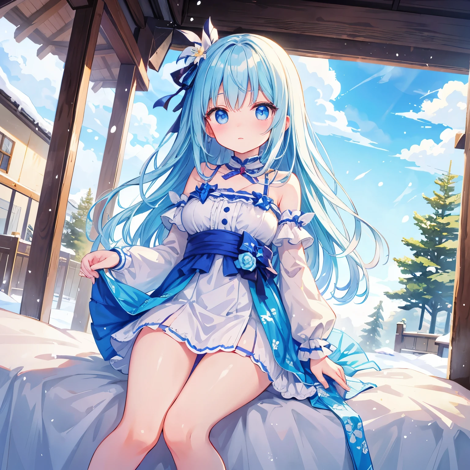 There is snow on the right side、The left half is summer、the girl looks surprised