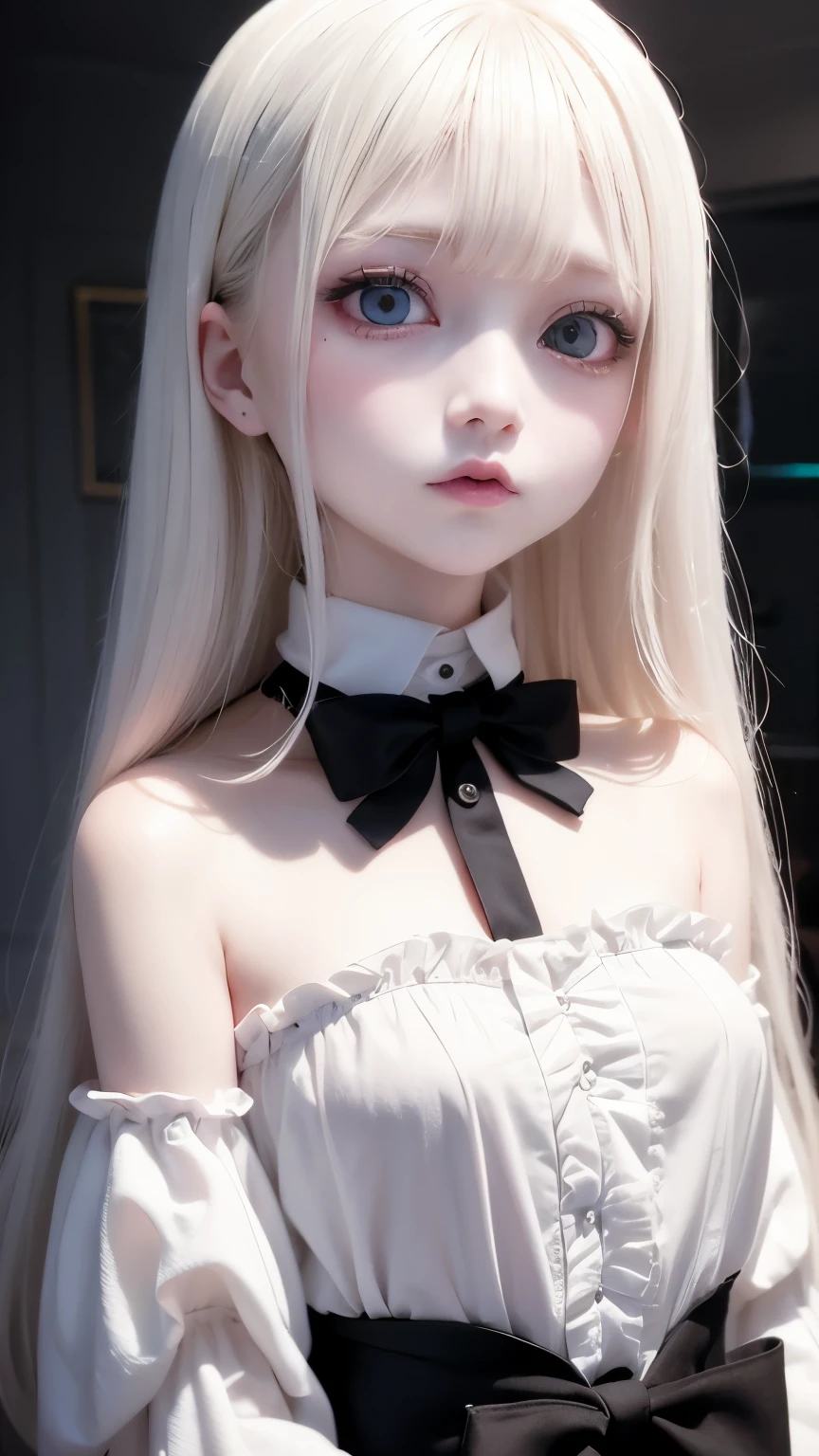 Lori、Bangs that extend to the face、、12 years old、ba face、Cute No、(thin nose)、(bulging eyes)、Blonde doll with long hair and black bow tie, ball jointed doll, pale porcelain white skin, Embarrassingly cute face. dark fantasy, artdoll, pale goth beauty, china doll face, White skin and black eyes, gothic girl face, dollpunk, porcelain pale skin, (( deep black eyes ))